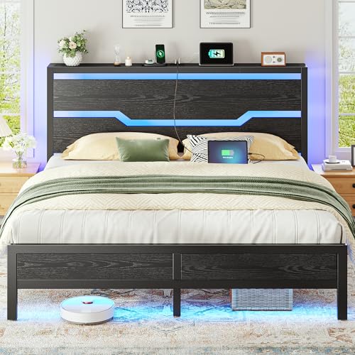 Homkdom Full Size Bed Frame with Charge Station & Storage Headboard Shelf