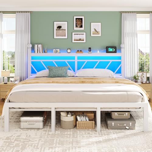Homkdom King Metal Platform Bed Frame with Charging Station & LED Light