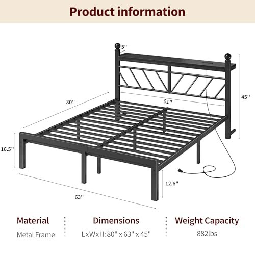 Homkdom Queen Size Metal Bed Frame with Charging Station & LED Light