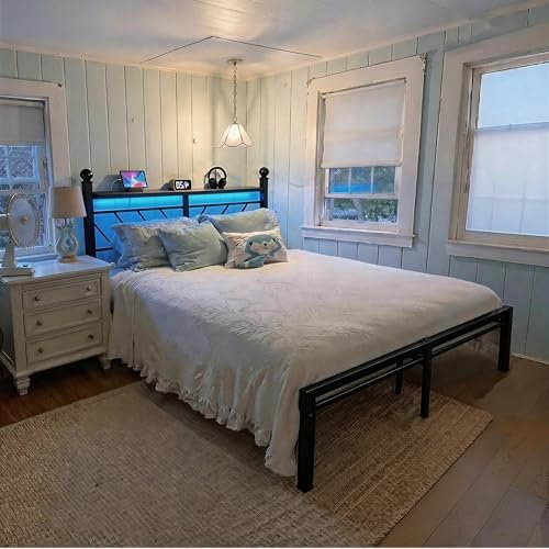 Homkdom Queen Size Metal Bed Frame with Charging Station & LED Light
