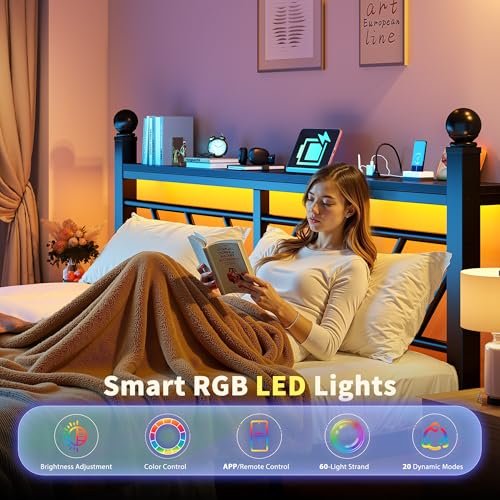 Homkdom Queen Size Metal Bed Frame with Charging Station & LED Light
