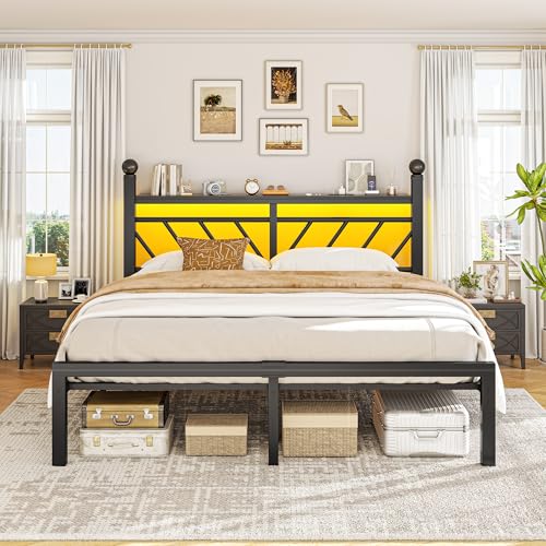 Homkdom Queen Size Metal Bed Frame with Charging Station & LED Light