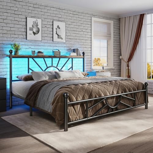 Homkdom Queen Size Metal Bed Frame with LED Lights & headboard Shelf