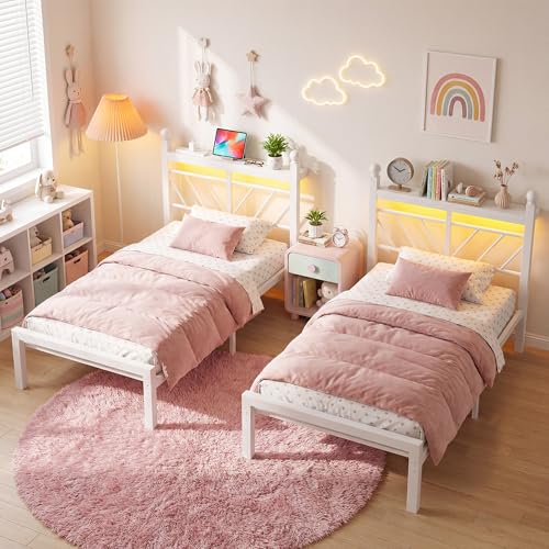 Homkdom Twin Metal Platform Bed Frames with Charging Station & LED Light