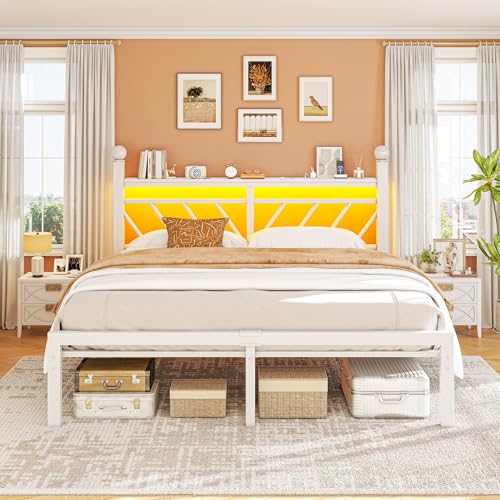 Homkdom Victorian Full Metal Bed Frame with Charging Station & LED Light