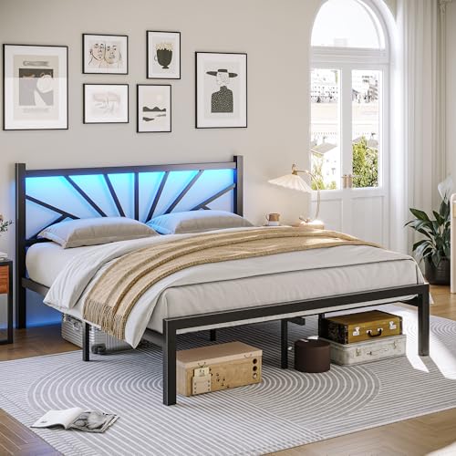 Homkdom Victorian Full Metal Platform Bed Frame with LED Light