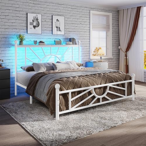 Homkdom Victorian Full Size Metal Platform Bed Frame with LED Lights