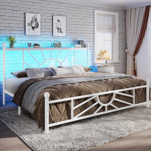 Homkdom Victorian King Size Metal Platform Bed Frame with LED Lights