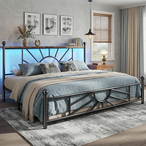 Homkdom Victorian King Size Metal Platform Bed Frame with LED Lights