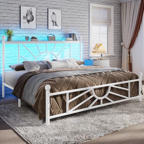 Homkdom Victorian Queen Size Metal Bed Frame with LED Lights