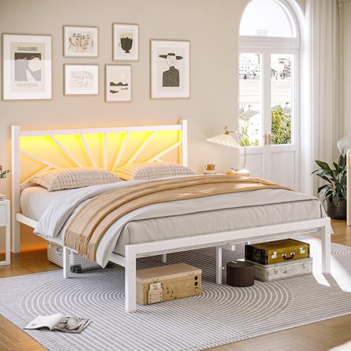 Homkdom Victorian Queen Size Metal Platform Bed Frame with LED Light