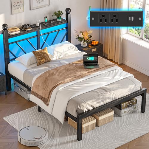 Homkdom Victorian Twin Metal Bed Frames with Charging Station & LED Light