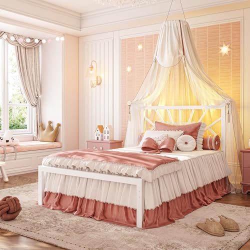 Homkdom Victorian Twin Metal Platform Bed Frame with LED Light