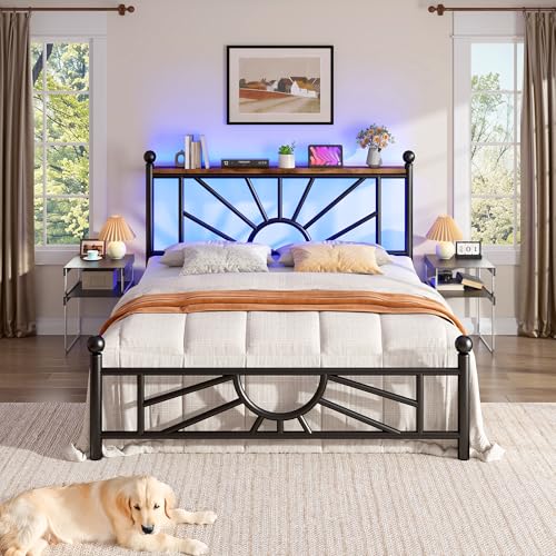 Homkdom Victorian Twin Metal Platform Bed Frame with LED Lights