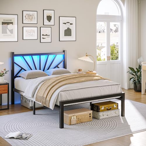 Homkdom Victorian Twin Metal Platform Bed Frame with LED Lights
