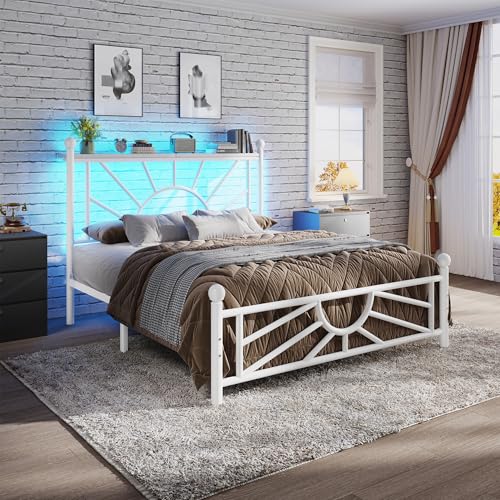 Homkdom Victorian Twin Metal Platform Bed Frame with LED Lights